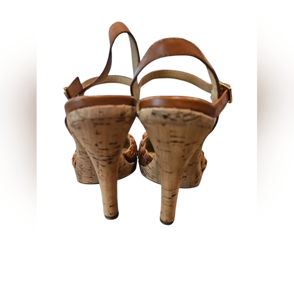 Michael Kors SZ 7 Caramel Woven Leather Cork 4" Heel Closed Toe Ankle Strap Shoe - Picture 3 of 11